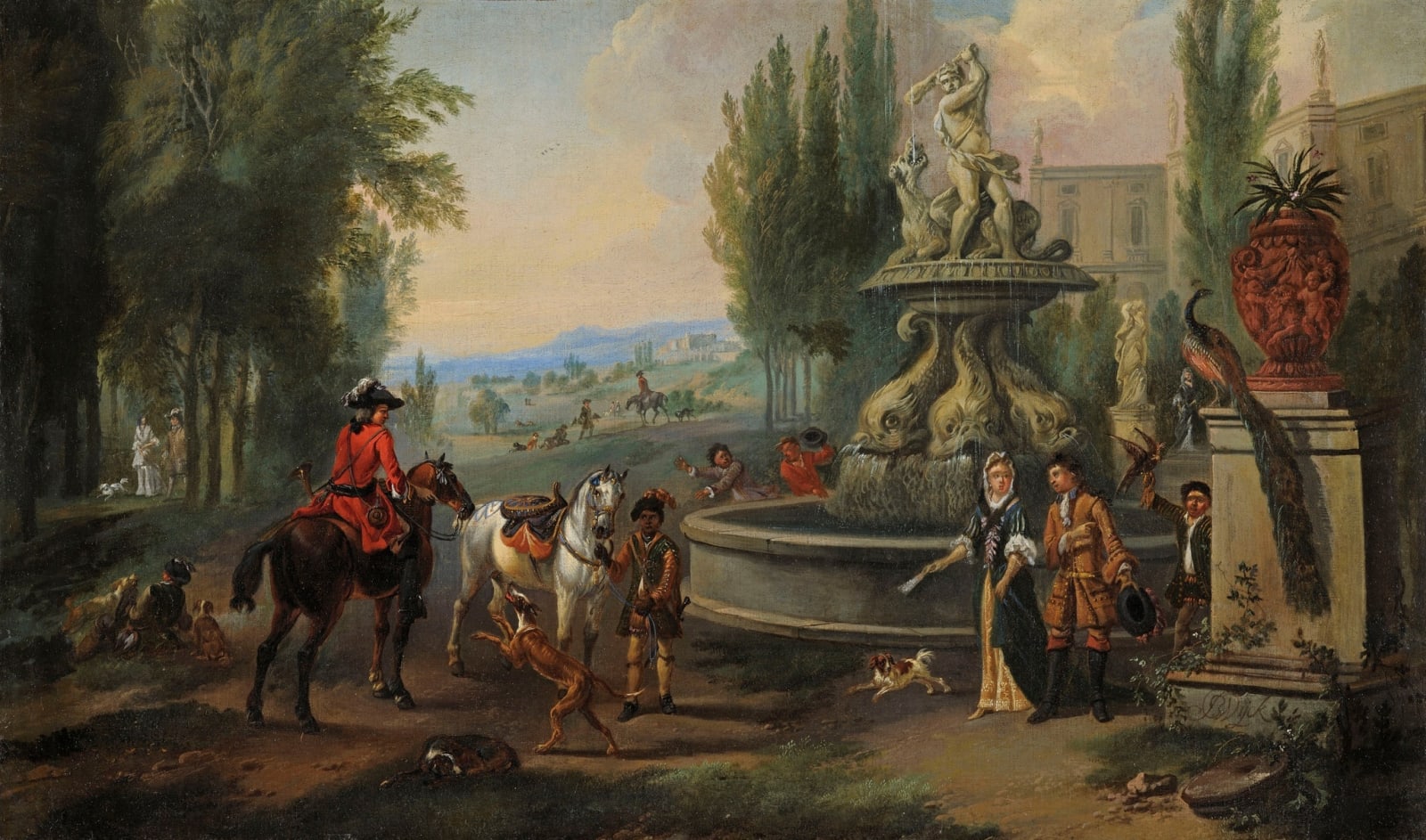 Jan Wyck, Elegant company and their horses in front of a country house, preparing to leave for hawking