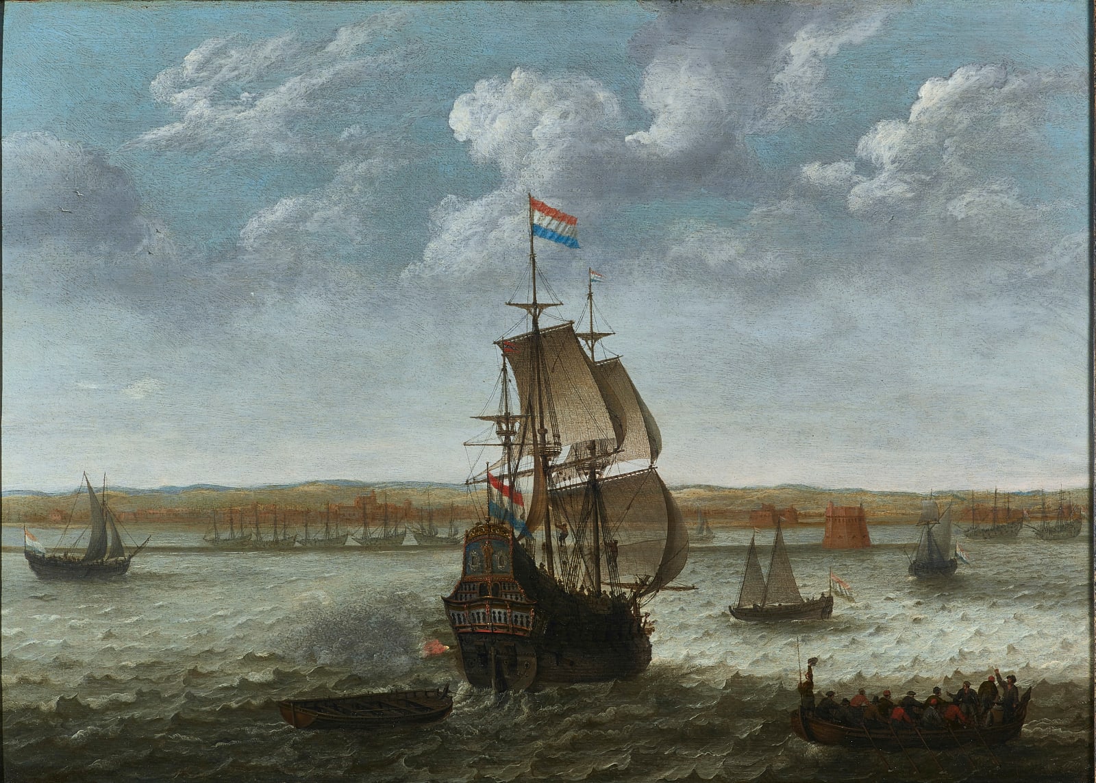 Abraham Willaerts, Dutch ship arriving at Mauritsstaad, Pernambuco, Brazil, 1640