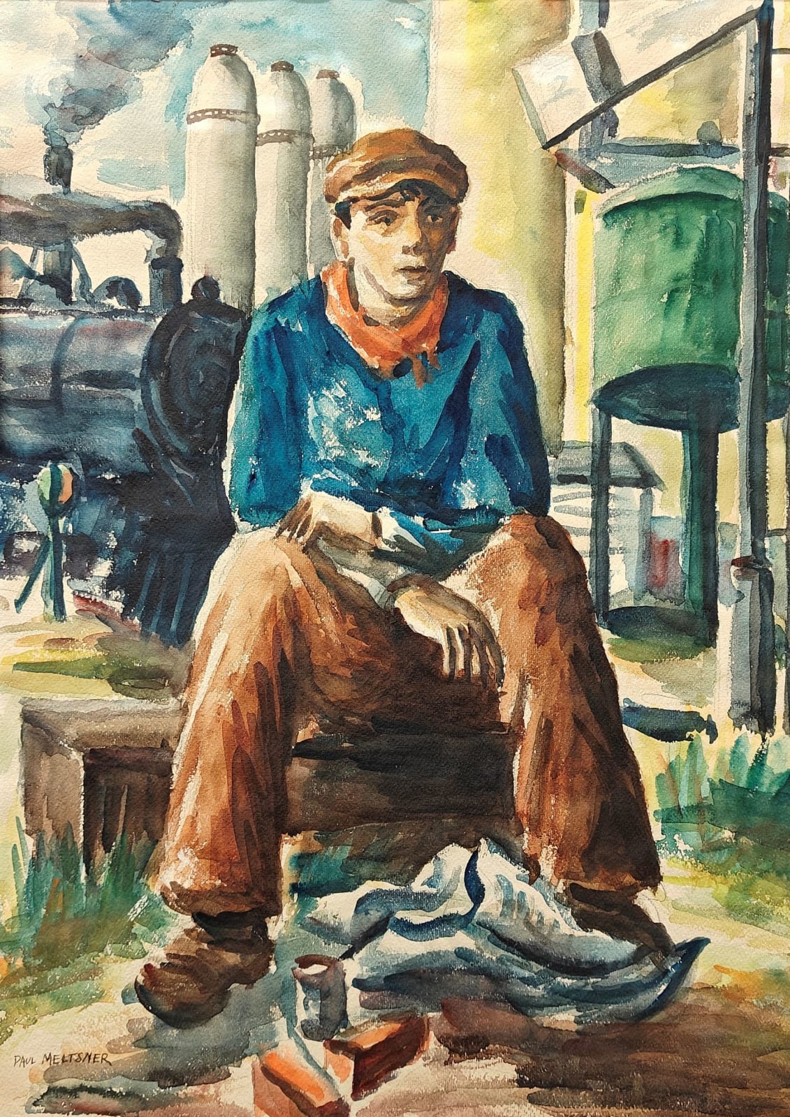Paul Meltsner, Factory Boy with Locomotive, circa 1935