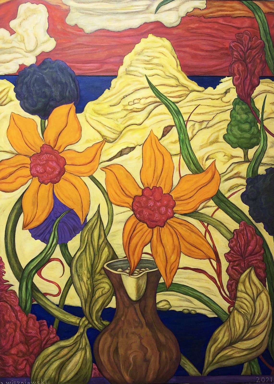 Adrian Wiszniewski, Vase of Seeds and Desert Flowers, 2021