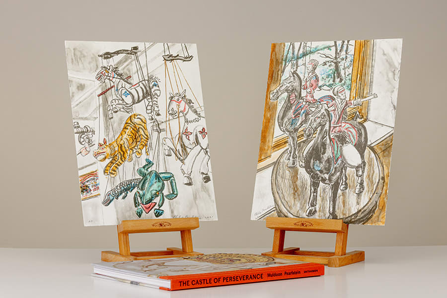 Philip Pearlstein, Philip Pearlstein’s two lithographs Hans Warriors on Horseback in my Studio and Indonesian Marionettes in my Studio accompany the artist’s book The Castle of Perseverance by Paul Muldoon, 2022