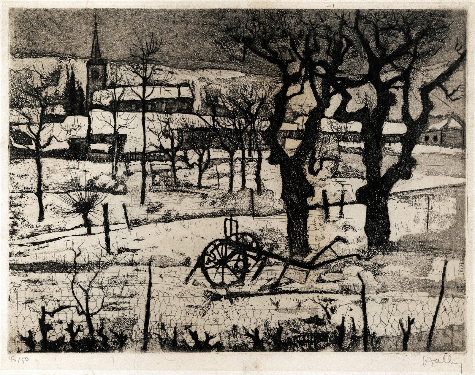 Jacques Hallez, (Winter Landscape in Lorraine, with a Plough), c1950