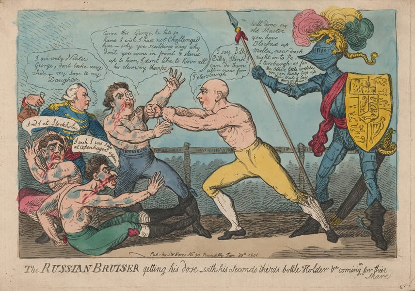 Isaac Cruikshank, The Russian Bruiser getting his dose_with his seconds thirds bottle Holder &c. coming in for their share, Pub: by SW Fores No 50 Piccadilly Jan 30th 1801.