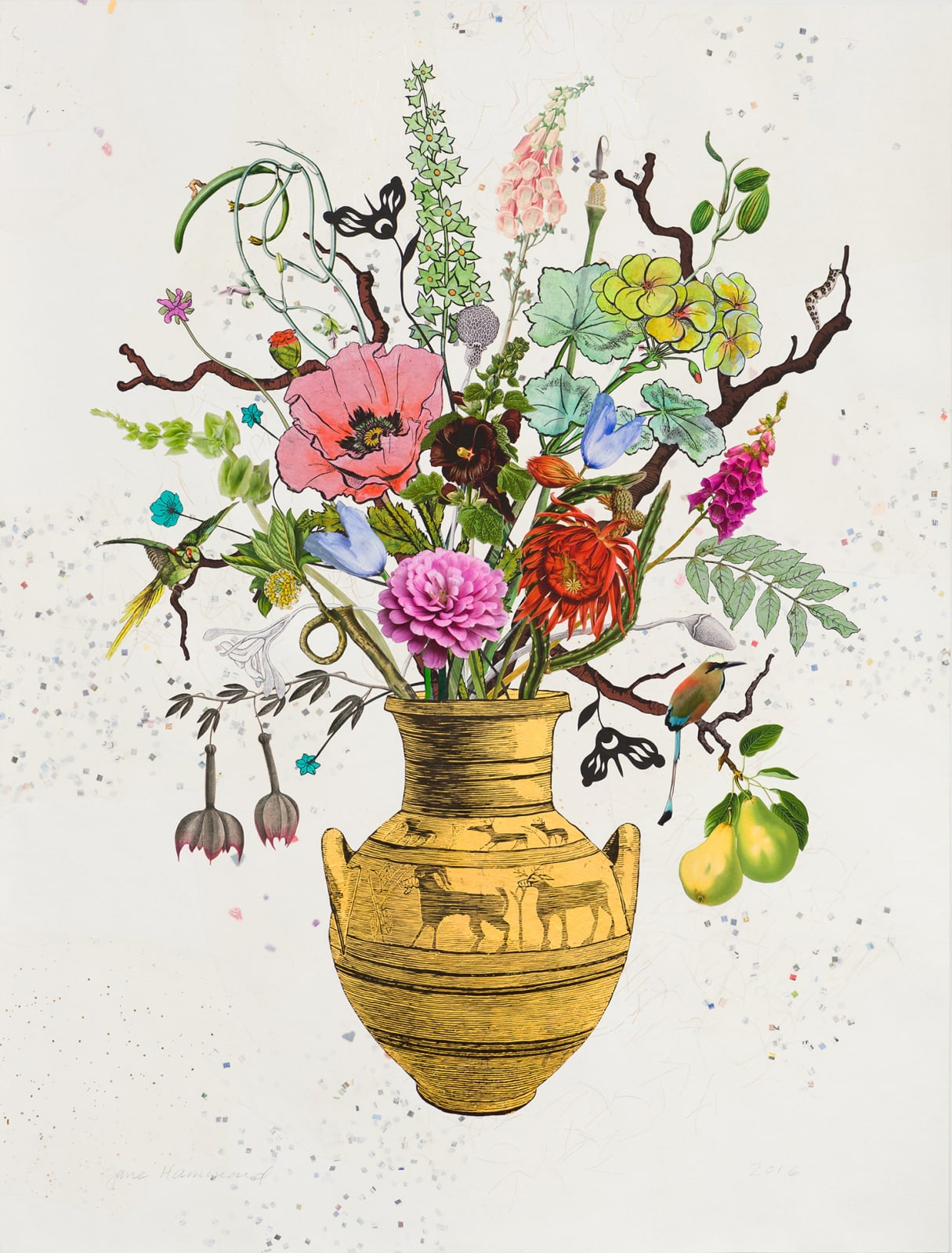 Jane Hammond, Phoenician Vase with Pears, Foxglove and Motmot, 2016