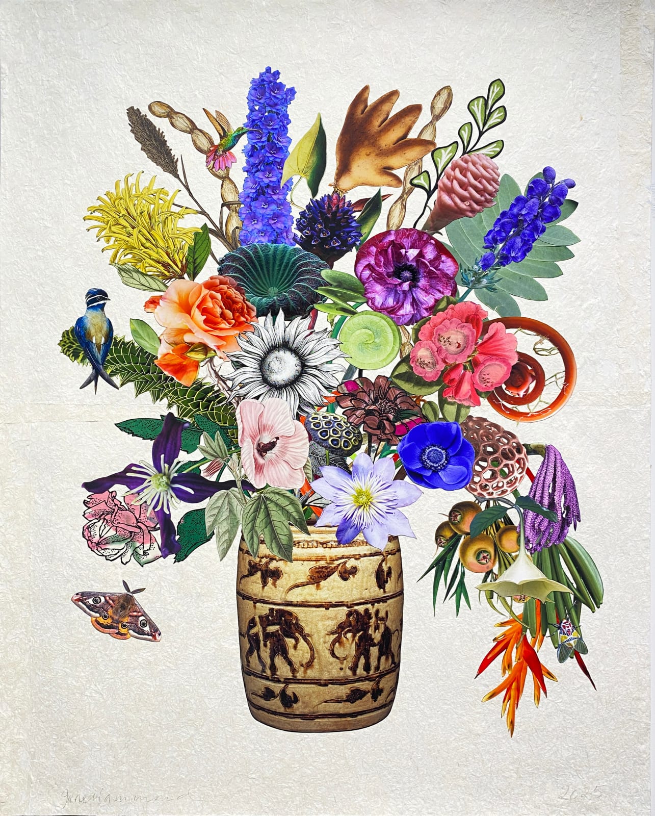 Jane Hammond, Vietnamese Elephant Vase with Wild Yam, Monkshood and Clown Face Tiger Moth, 2025