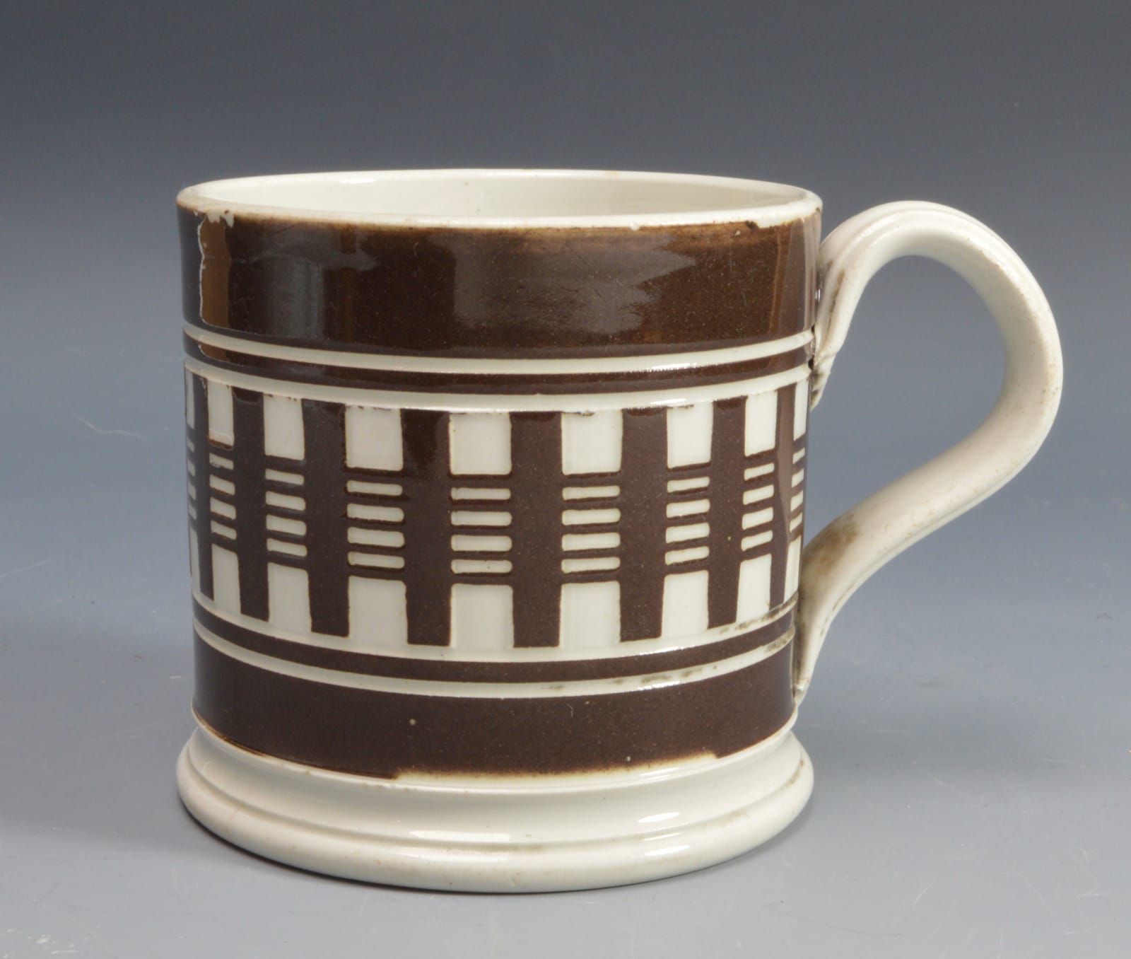 Unknown, Mochaware Mug with engine turned brown decoration, 1840