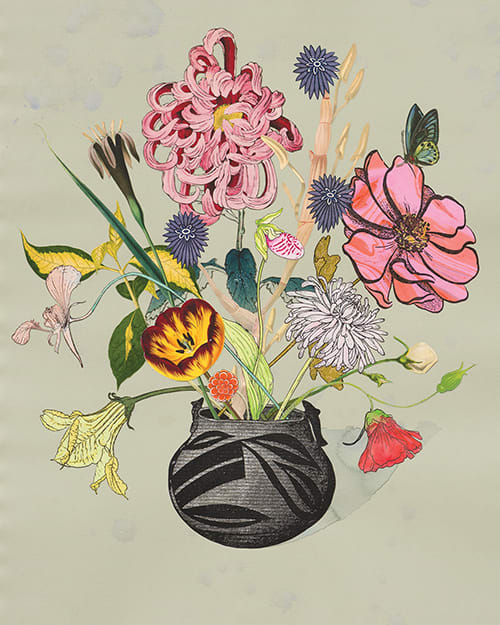 Jane Hammond, Fish Vase with Japanese Chrysanthemum and Squash Blossom, 2014