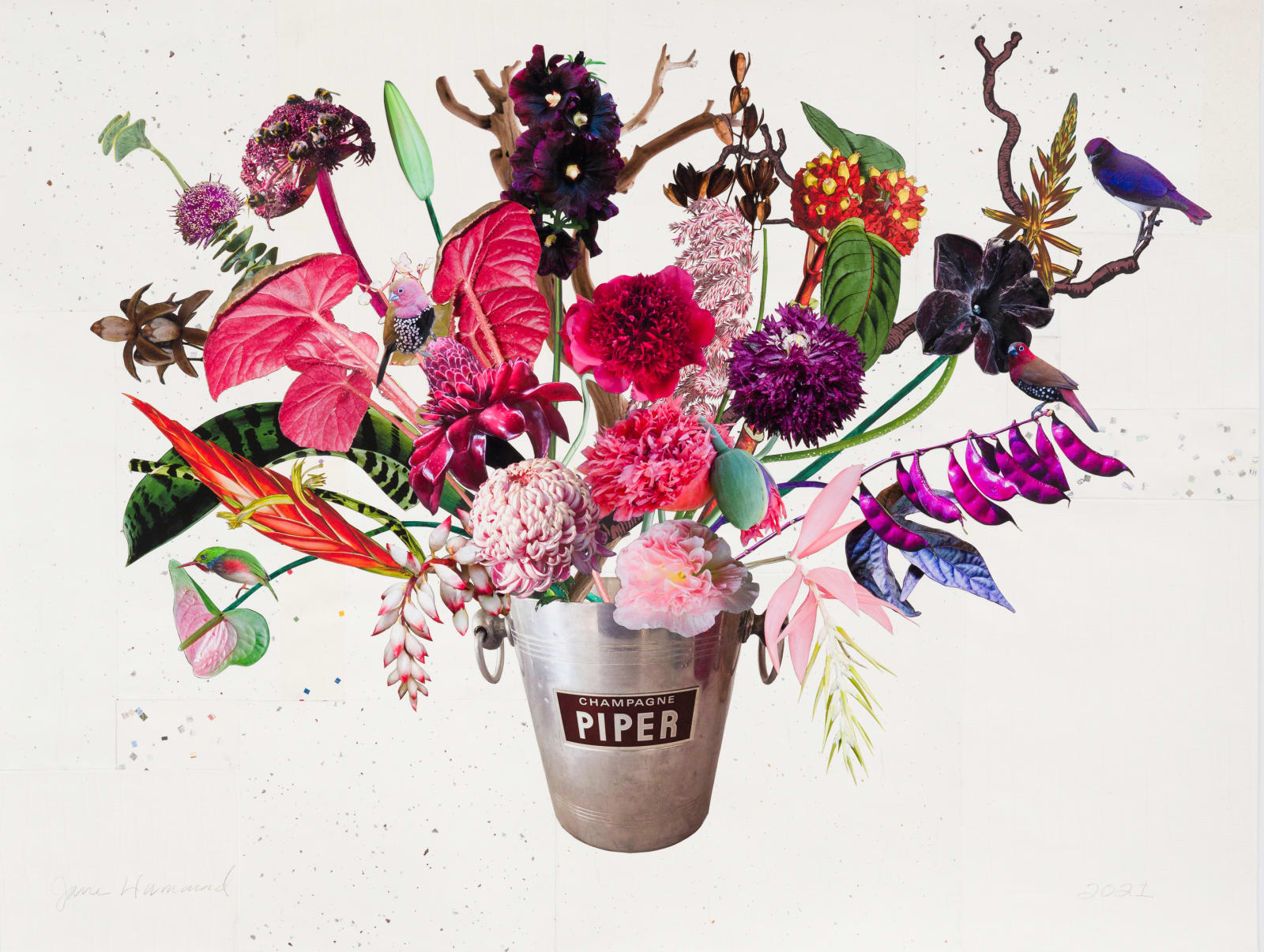 Jane Hammond, Champagne Bucket with Black Cat Petunia, Flaming Sword and Torch Ginger, 2021