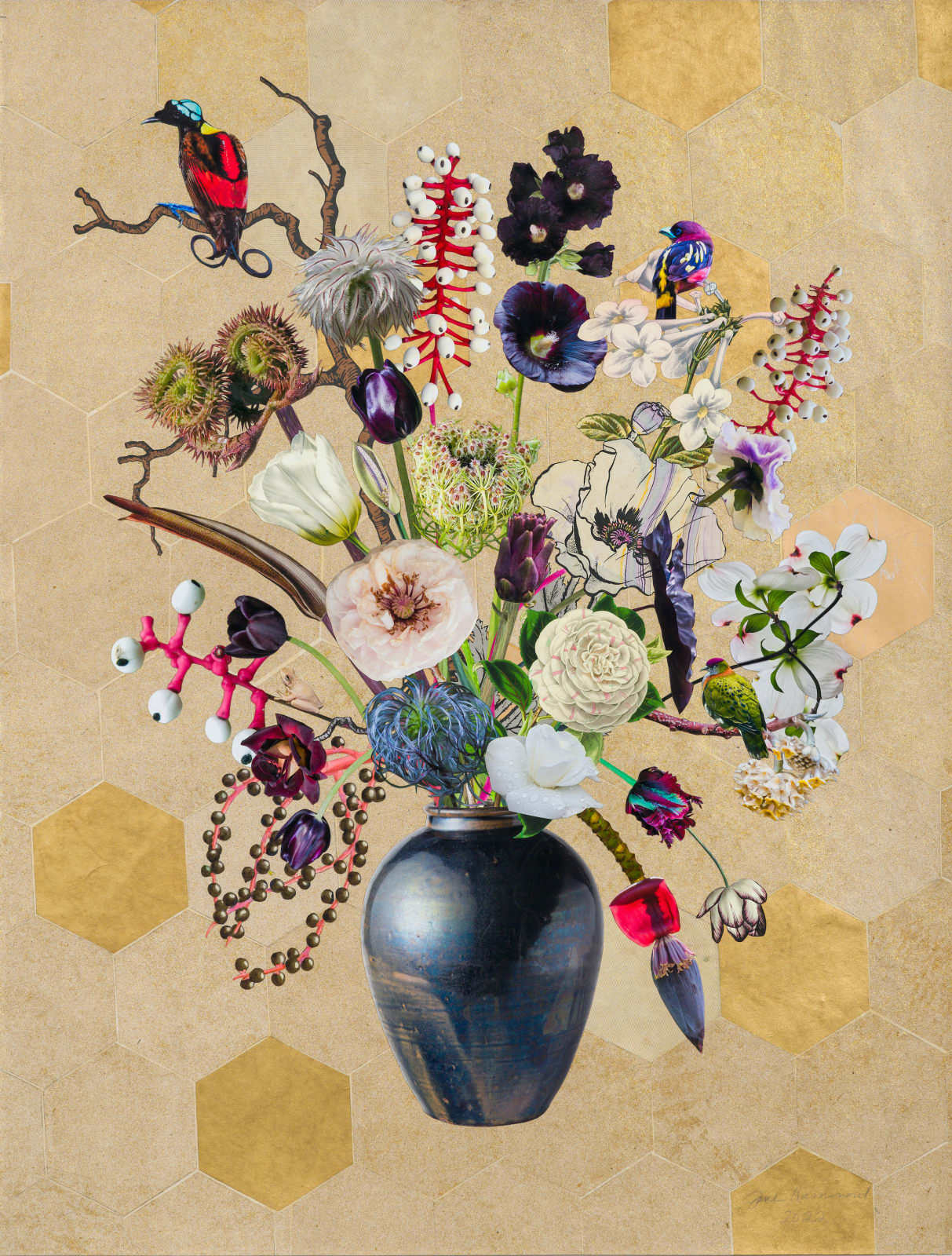 Jane Hammond, Japanese Vase with Black Hollyhock, Bird of Paradise and Banana Blossom, 2022