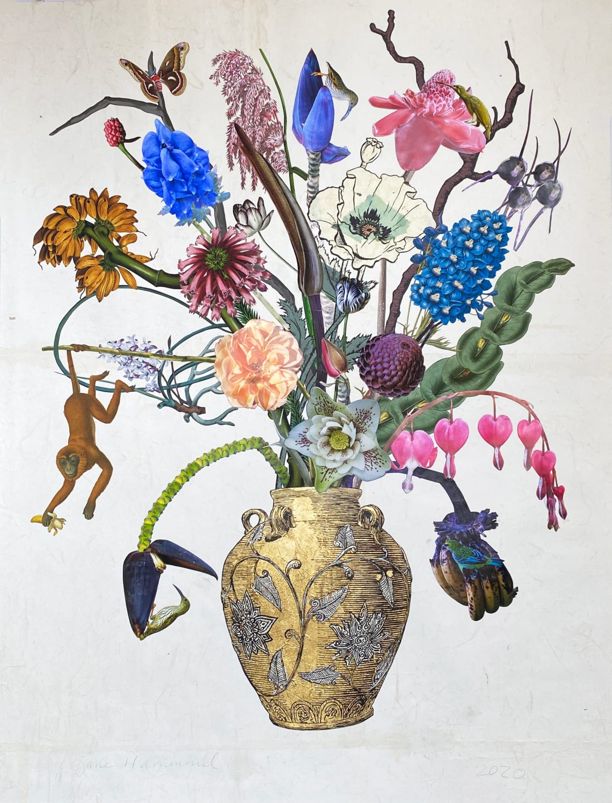 Jane Hammond, Korean Vase with Spangled Cotinga, Hellebore and Three Spiderhunters, 2020