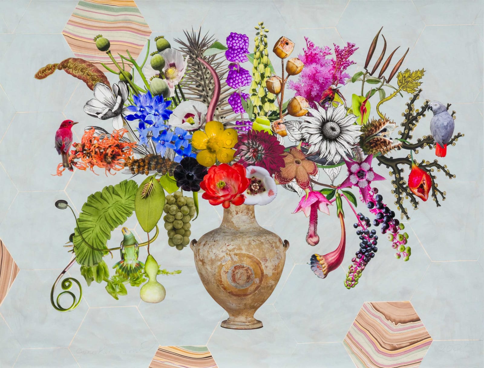 Jane Hammond, Ancient Greek Hydria with Witch Hazel, Buttercup and African Grey Parrot, 2025