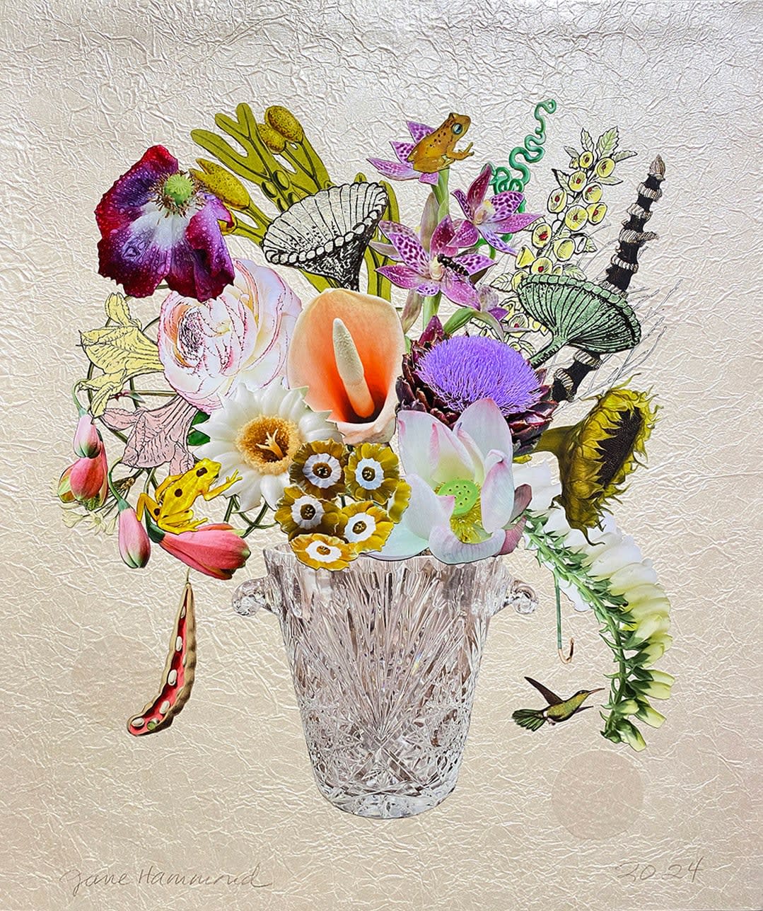 Jane Hammond, Crystal Champagne Bucket with Foxglove, Ranunculus and Lotus, 2024