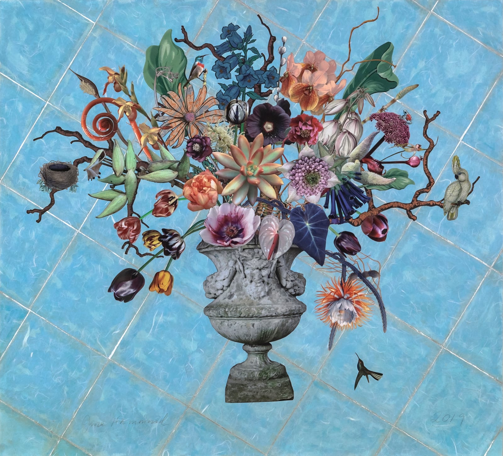 Jane Hammond, Garden Urn with Angelica, Milkweed and Cockatoo, 2019