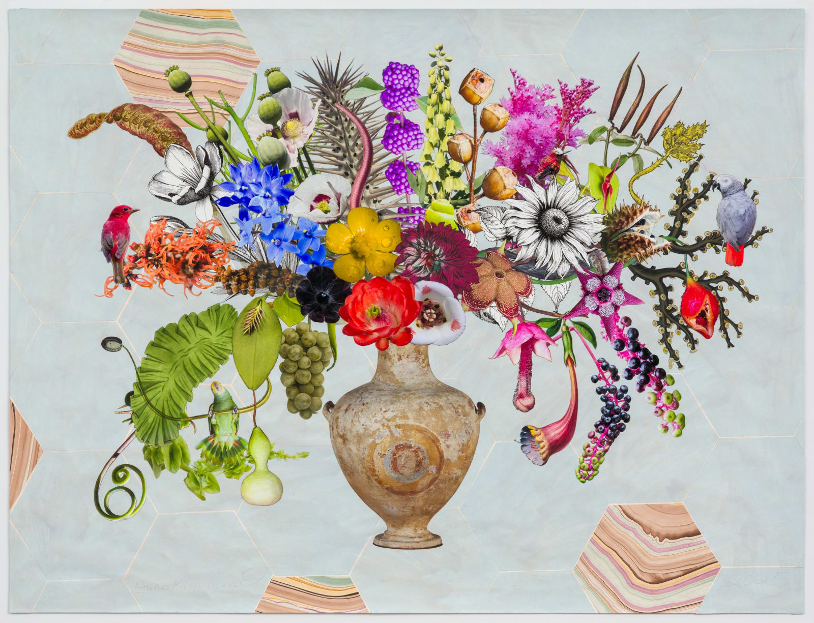 Jane Hammond, Ancient Greek Hydria with Witch Hazel, Buttercup and African Grey Parrot, 2025