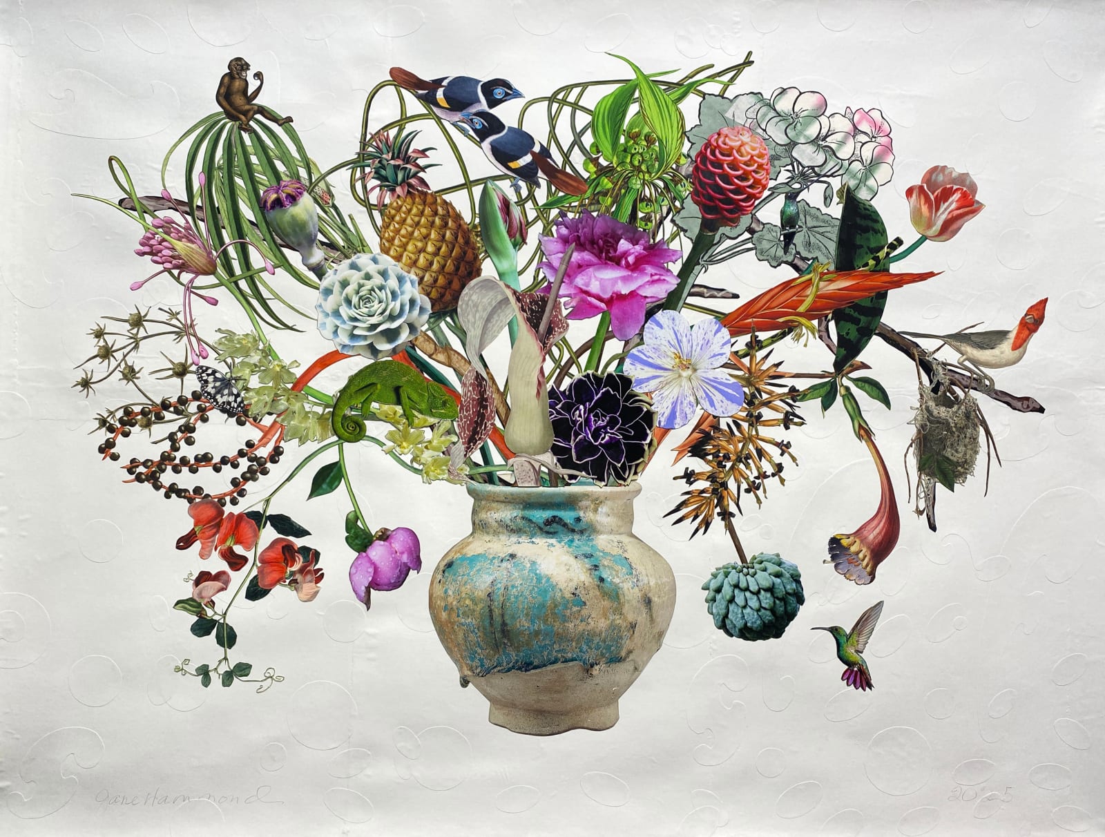 Jane Hammond, Kashan Vase with Sweet Peas, Bat Lily and Sword-Billed Hummingbird, 2025