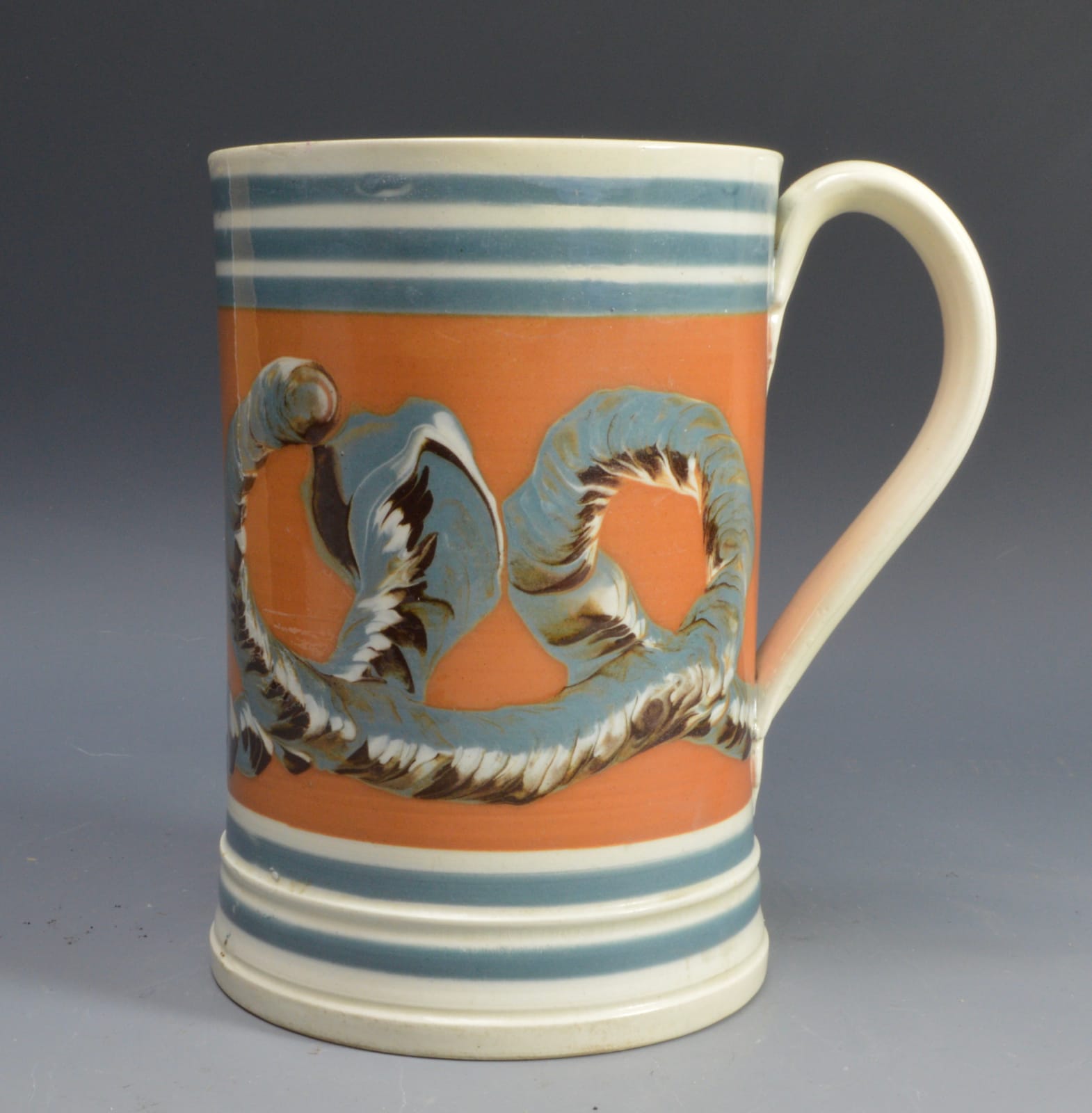 Unknown, Mochaware Mug with snail trail on pumpkin ground, 1820