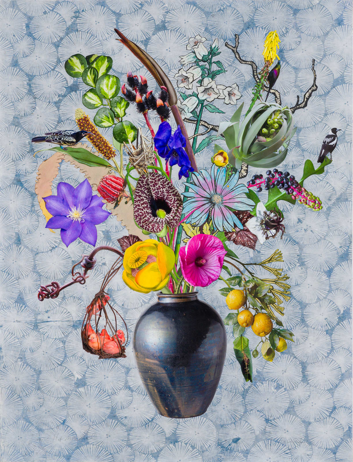 Jane Hammond, Japanese Vase with Canterbury Bells, Clematis H.F. Young and Red-Factor Canaries, 2021
