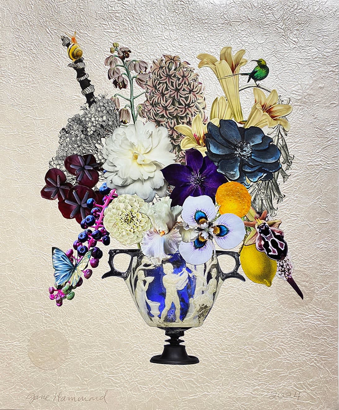 Jane Hammond, Cameo Glass Skyphos with Hyacinth, Bee Orchid and Pokeberries, 2024