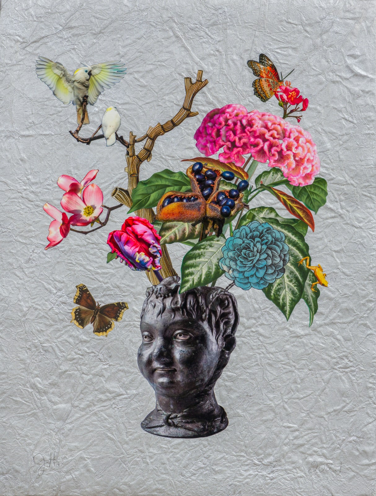 Jane Hammond, Roman Head with Peony Pod, Celosia and Blue-Eyed Cockatoo, 2021