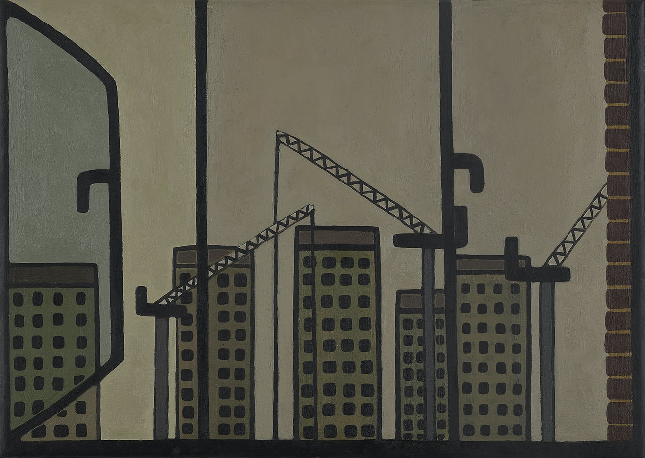William Wright, Open Window with Tower Blocks and Cranes, 2022-23