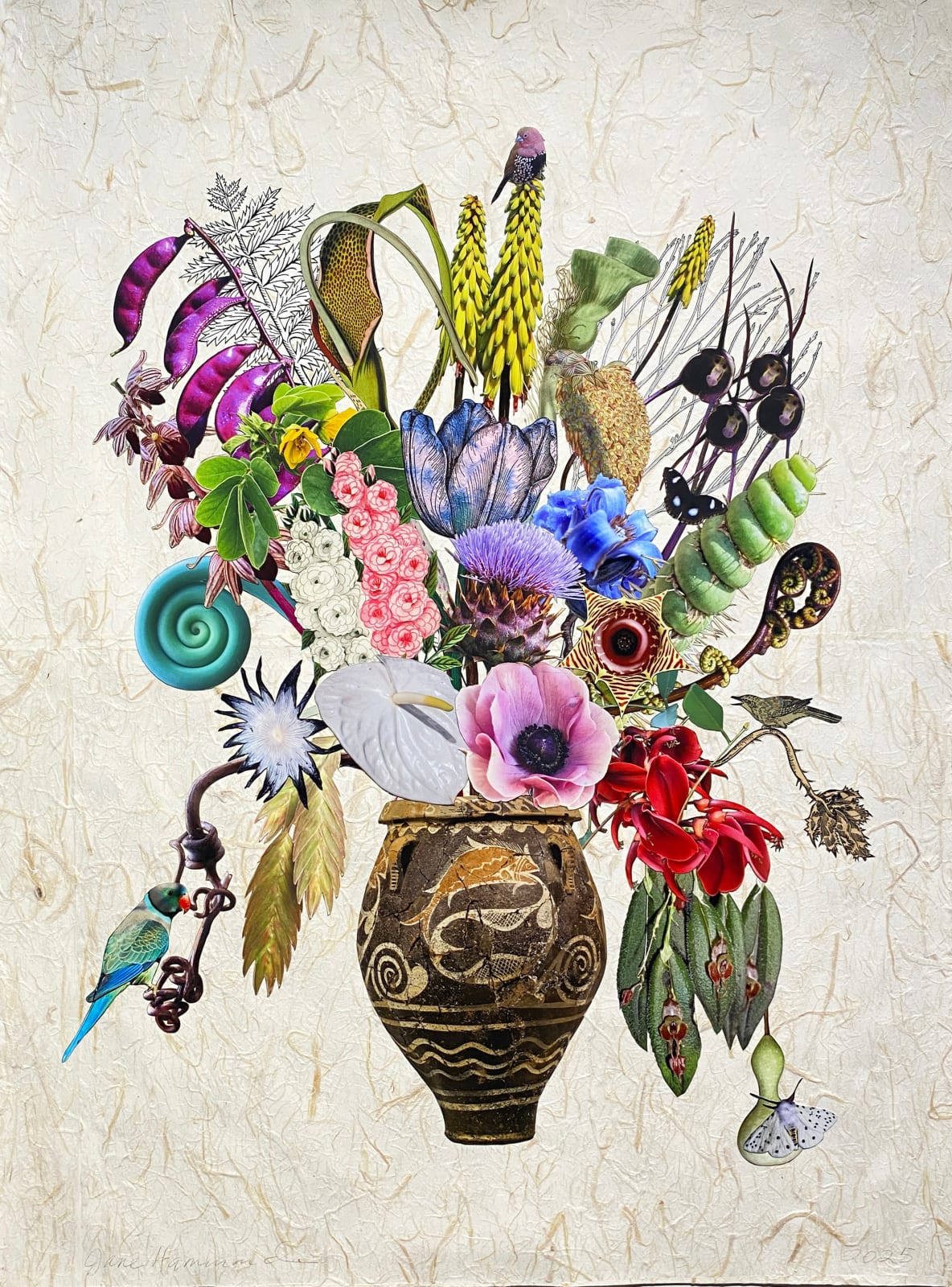 Jane Hammond, Minoan Fish Vase with Tree Fern, Hyacinth Beans and Monkey Face Orchid, 2025