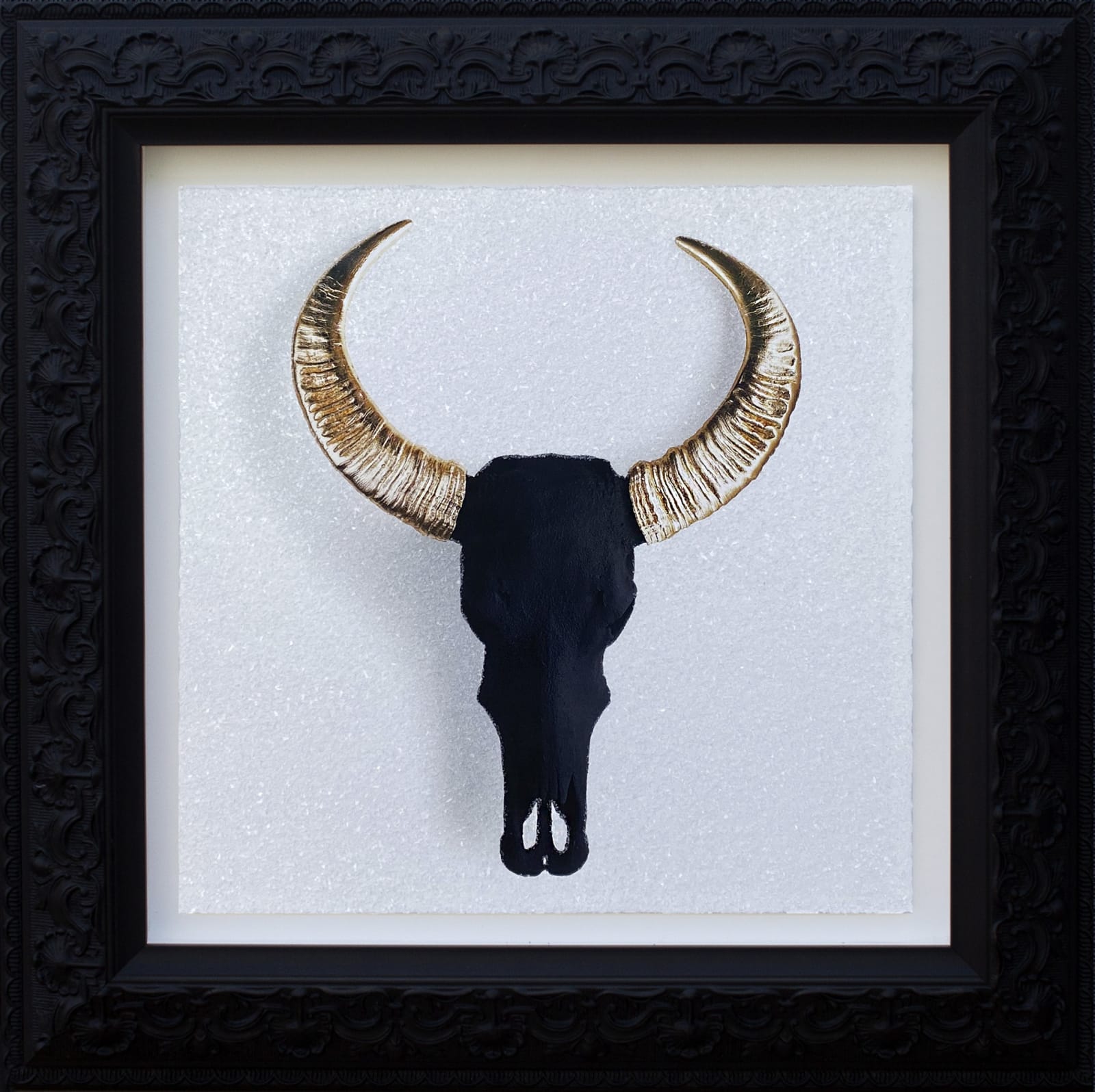 ANGELA MORRIS-WINMILL, Black with Gold Chinese Water Buffalo Skull on White Diamond Dust