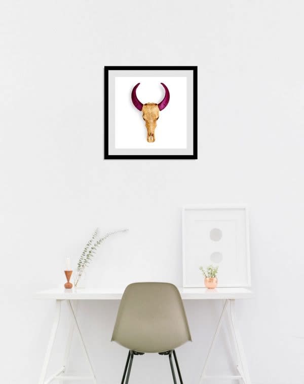ANGELA MORRIS-WINMILL, GOLD LACE WITH PLUM HORNS ON WHITE - SMALL