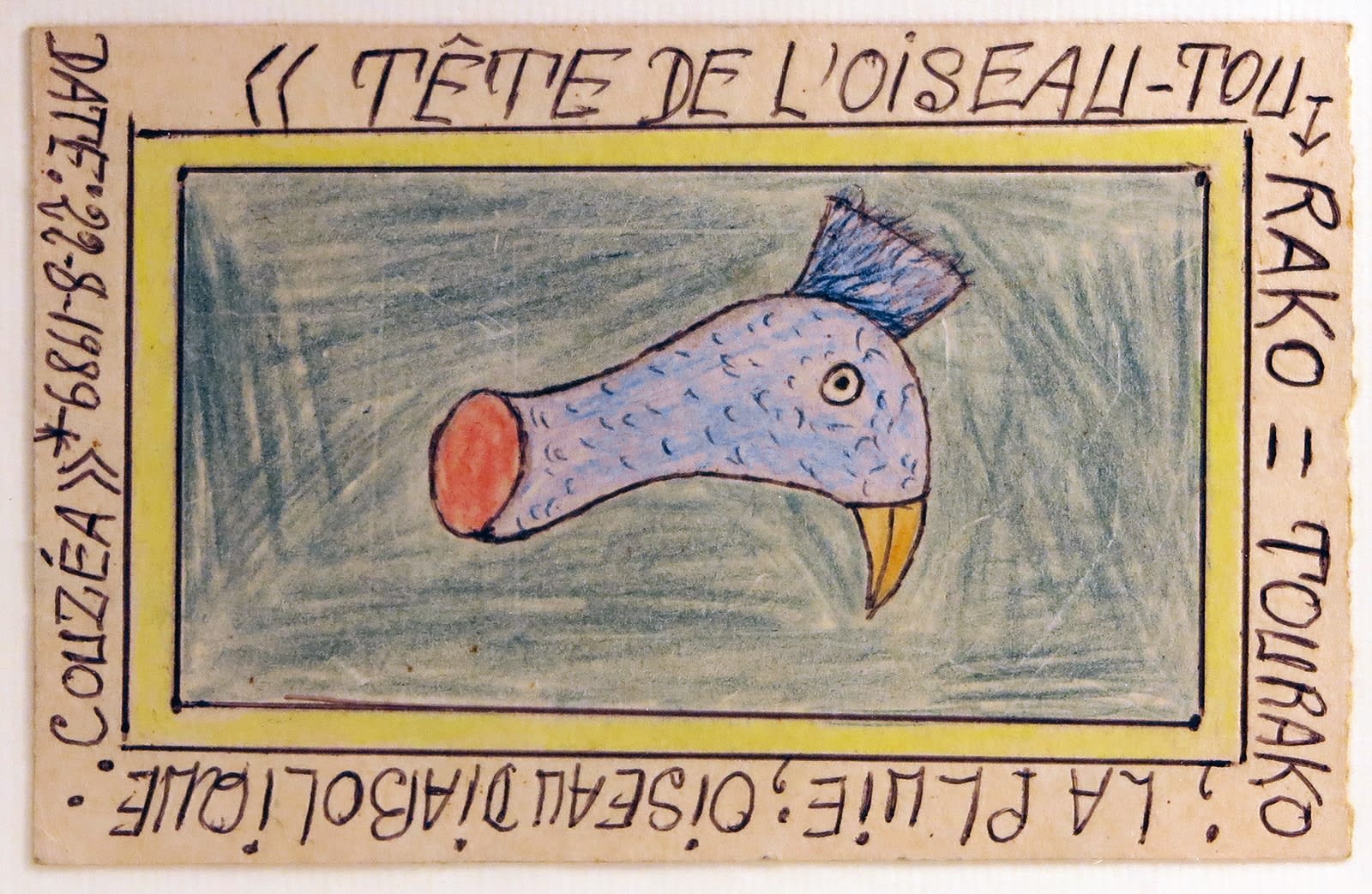 Frédéric Bruly Bouabré, Tête de l'oiseau-tourako= Tourako; la pluie; oiseau diabolique., 1989