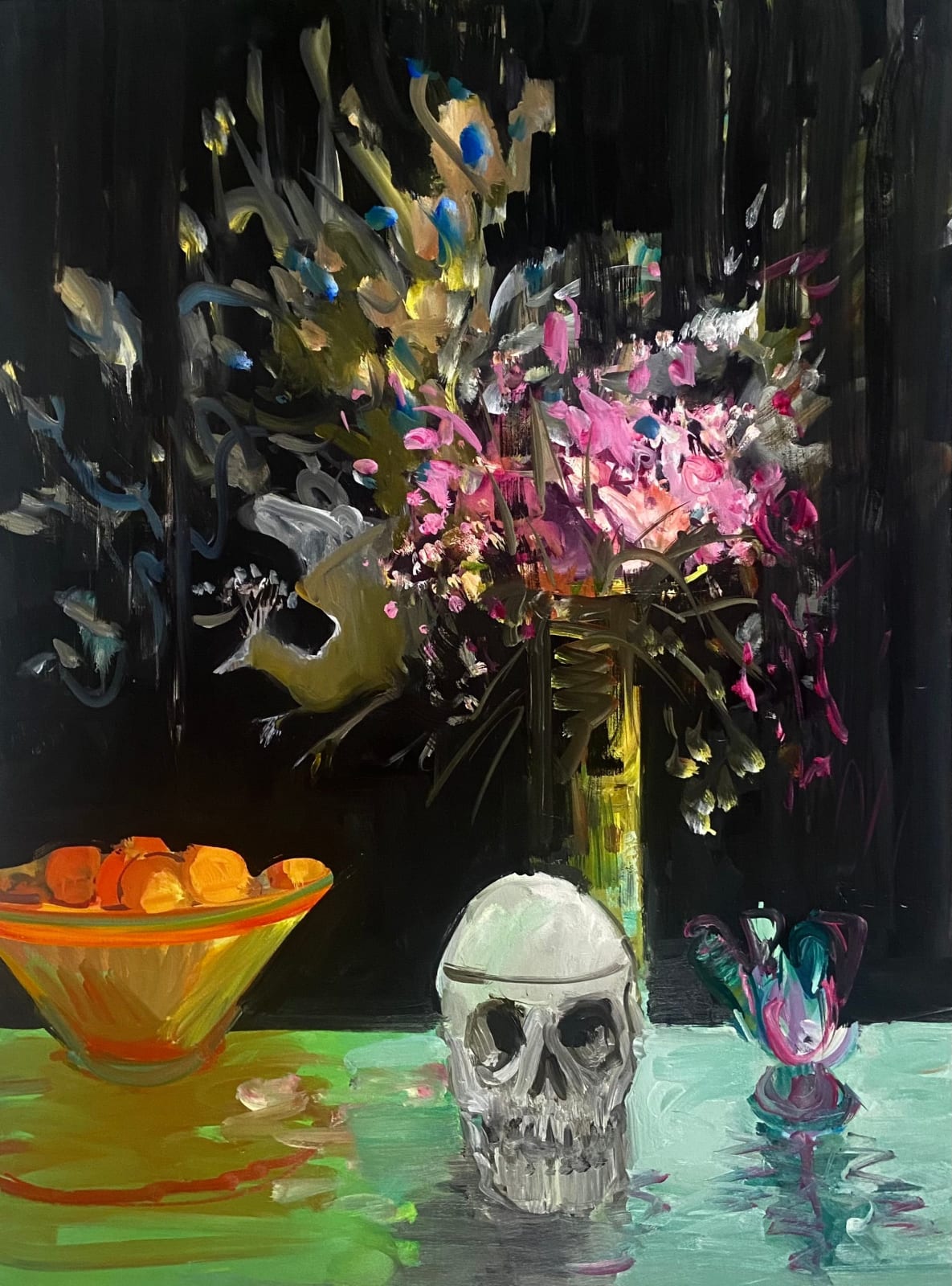 Deborah Brown, Self-Portrait with Japanese Screen, Flower Vase, Oranges and Glass Bird, 2021