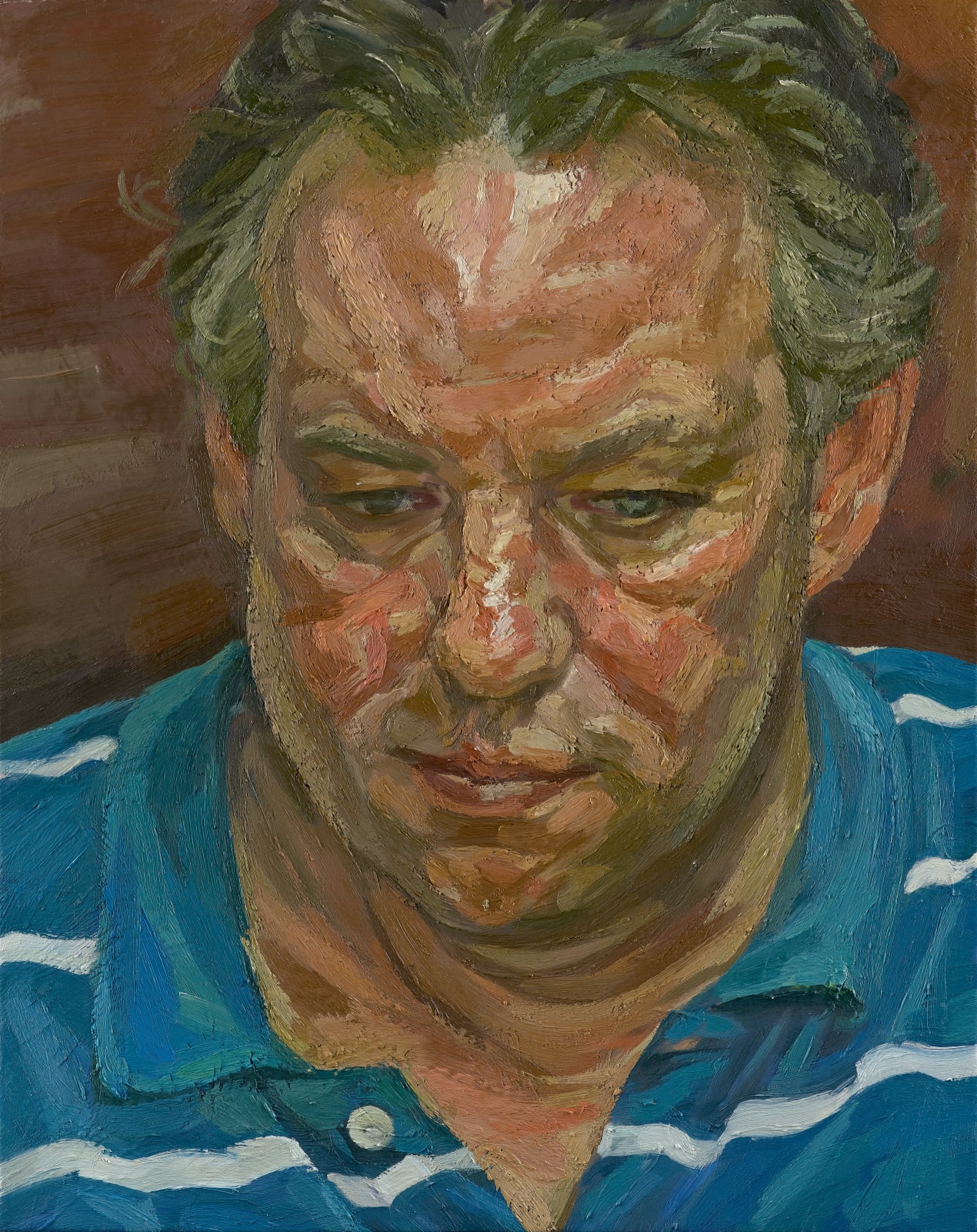 Mal Fostock, Reluctant Model, 2012. Oil on canvas portrait painting, 51 x 41 cm, showing a man in a blue striped shirt with a pensive expression.