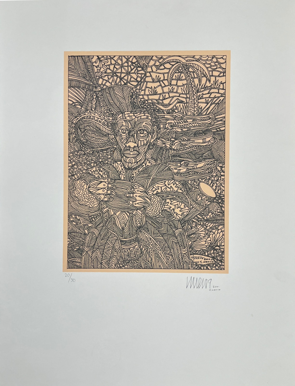 Marcos Huerta, "Personajes entre líneas (señor con tambor mamey )", 2001