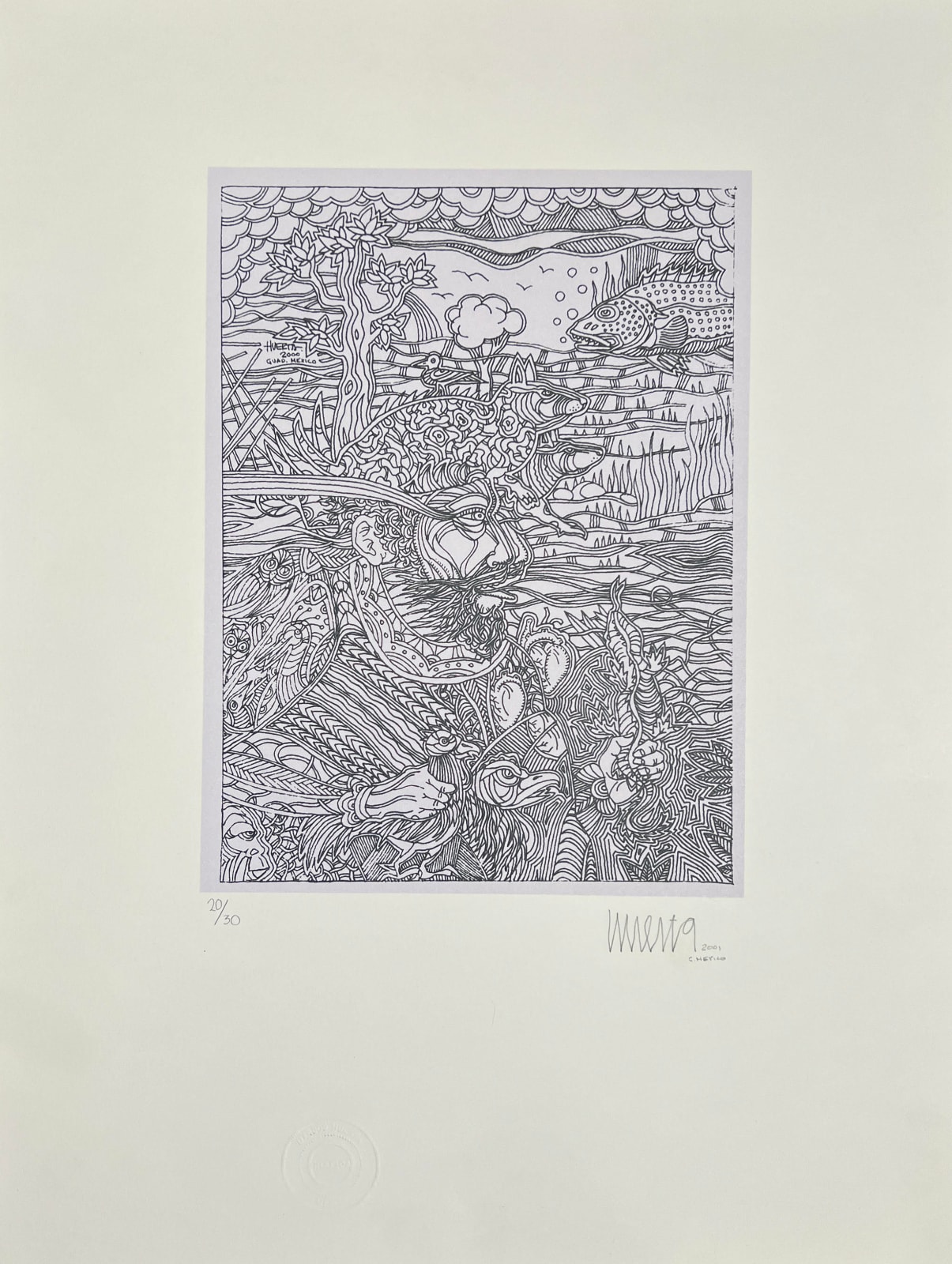 Marcos Huerta, "Personajes entre líneas (señor con perros lila)", 2001