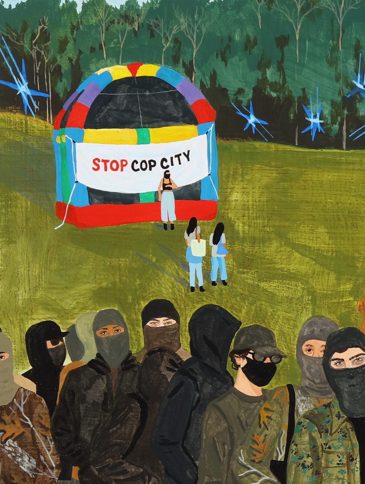 Dianna Settles, And when the time for the breaking of the law is here, be sure it is to take place in the matrix of our everyday thoughts and fantasies, our wonderment at how we got from there to here. (The black and green snake fights the blue one), 2023