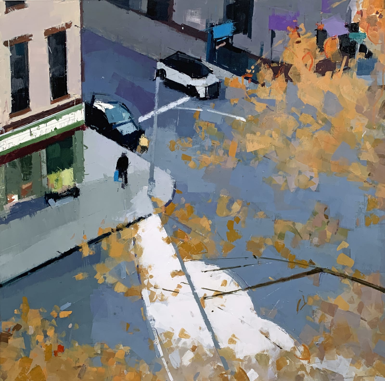impressionistic scene of city street in shades of blue and orange