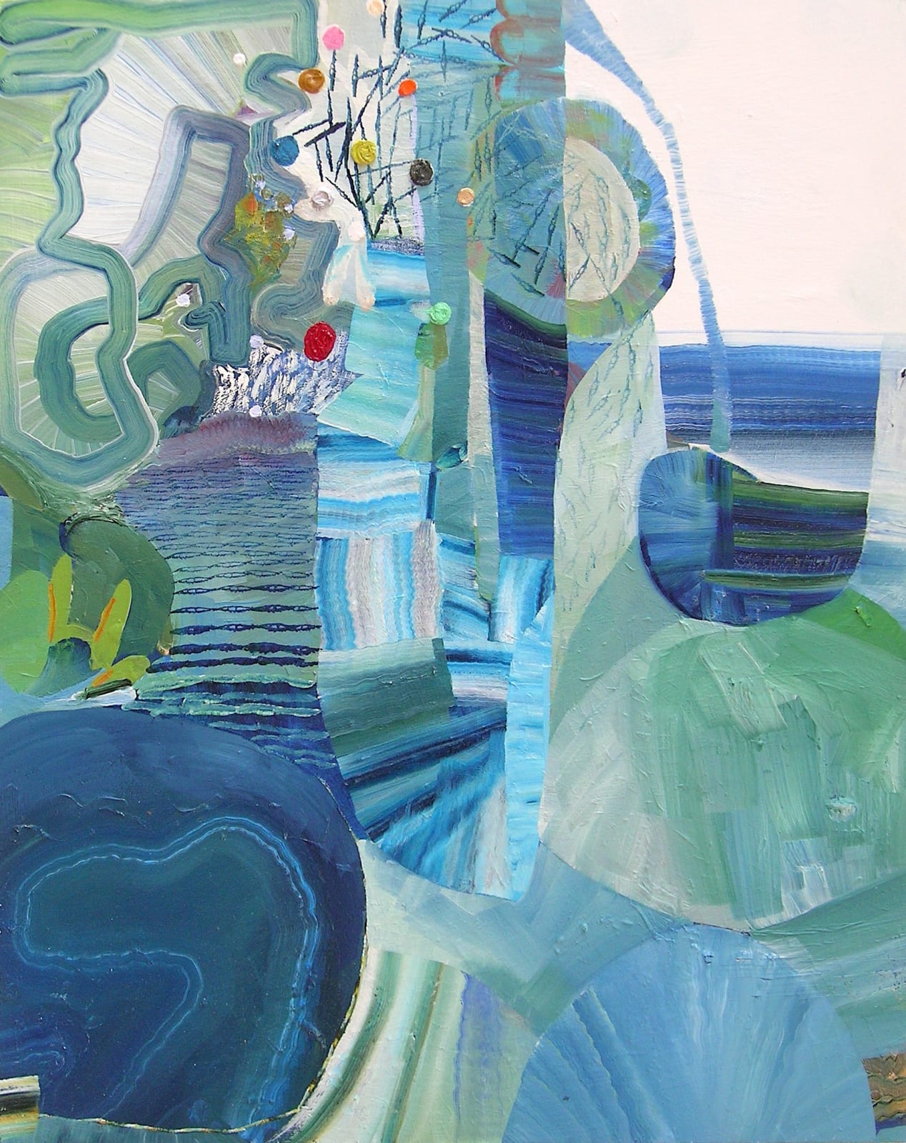 Abstract oil painting in different shades of blue and grey. It is applied in stripes that follow paths through the painting.