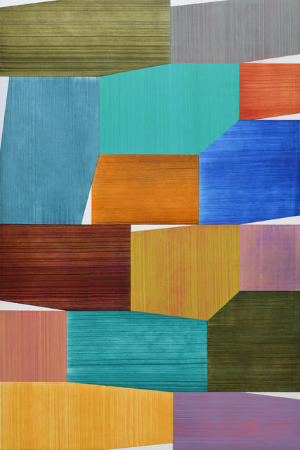 abstract painting with fitted shapes in shades of blue, green, brown, and purple