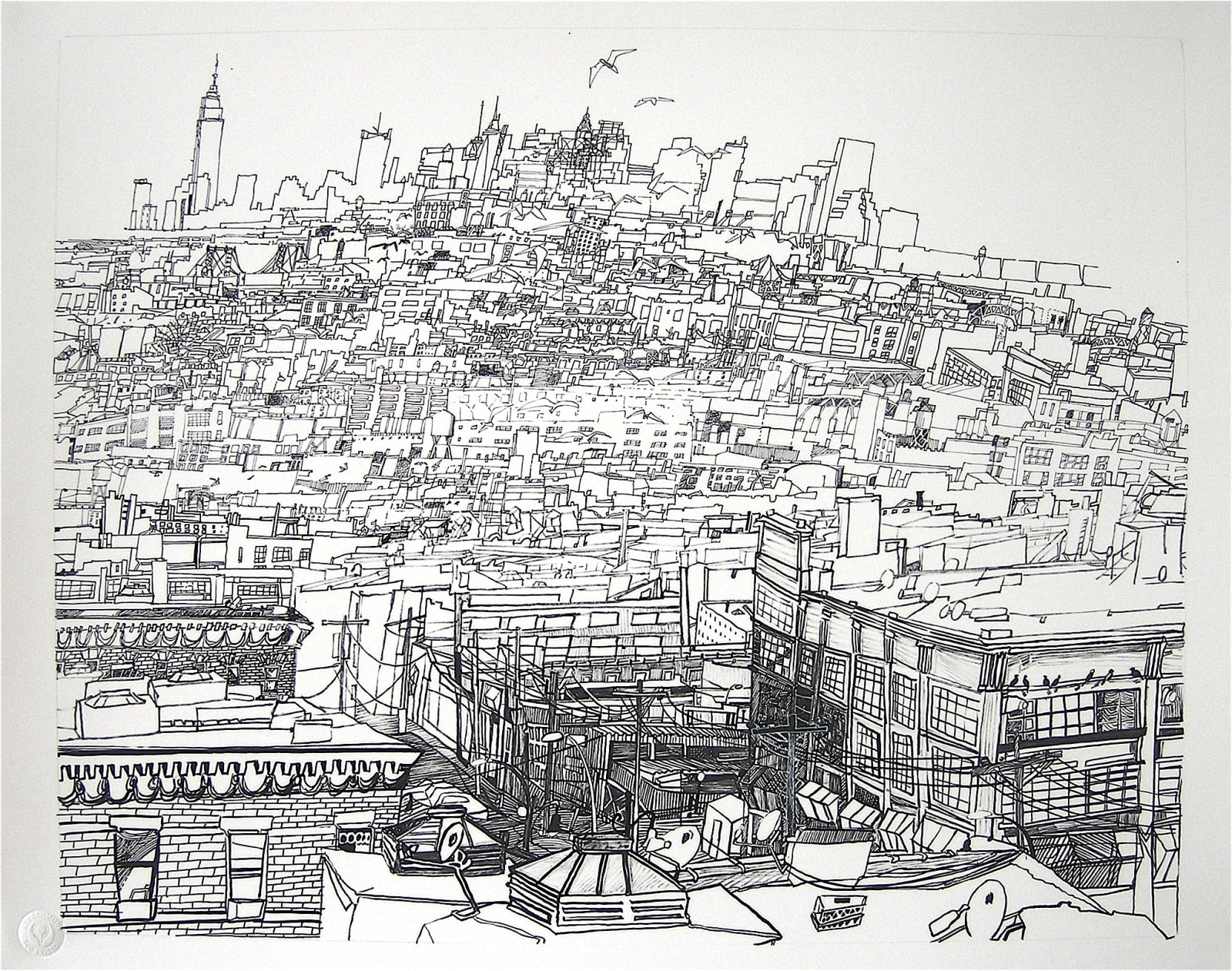dense black and white ink drawing of NYC cityscape