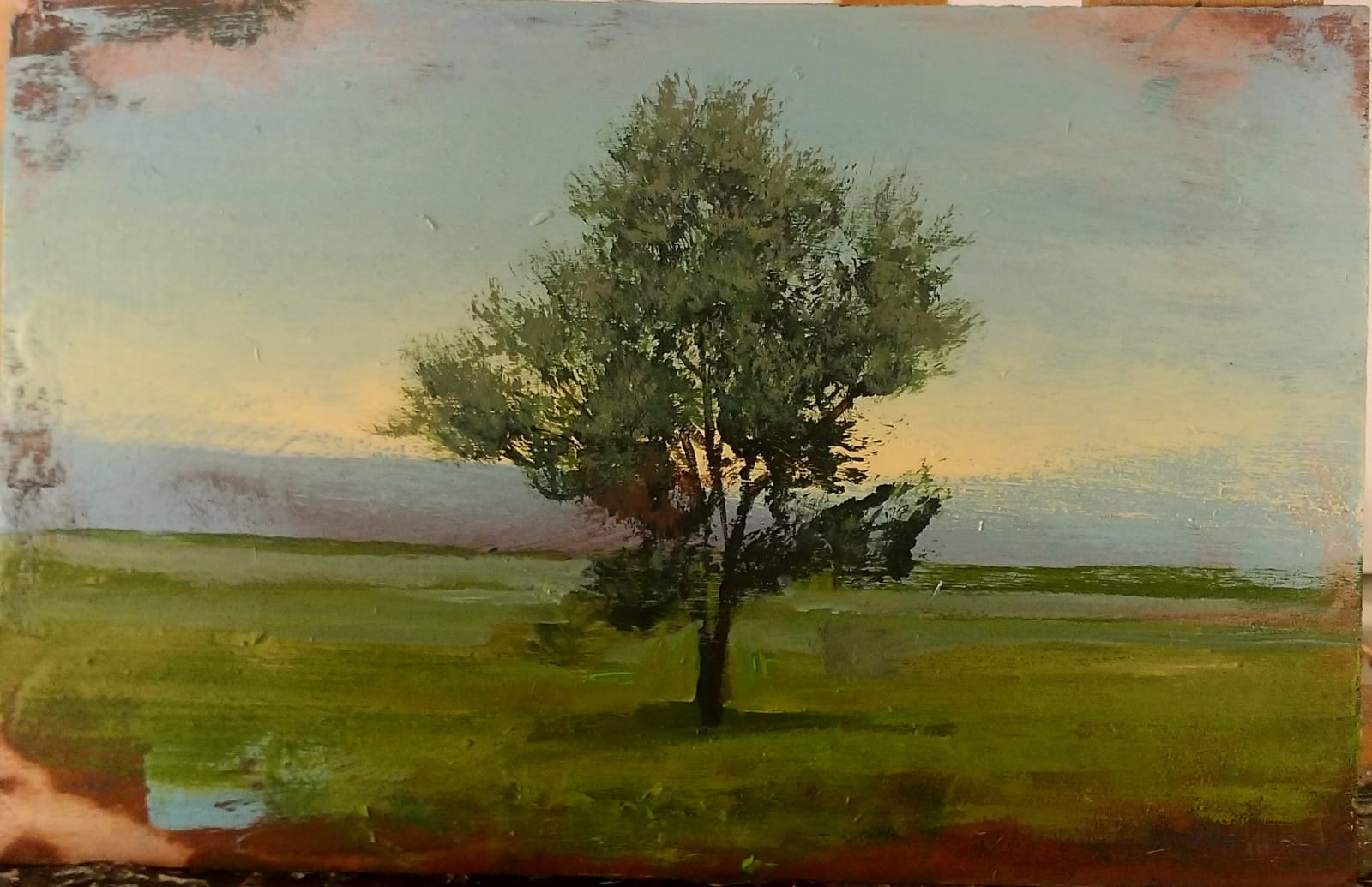 landscape painting of tree in green field