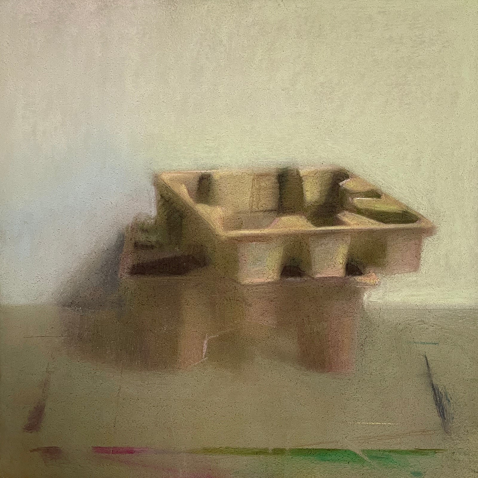 hazy still life pastel drawing of two pieces of cardboard packaging material stacked on one another