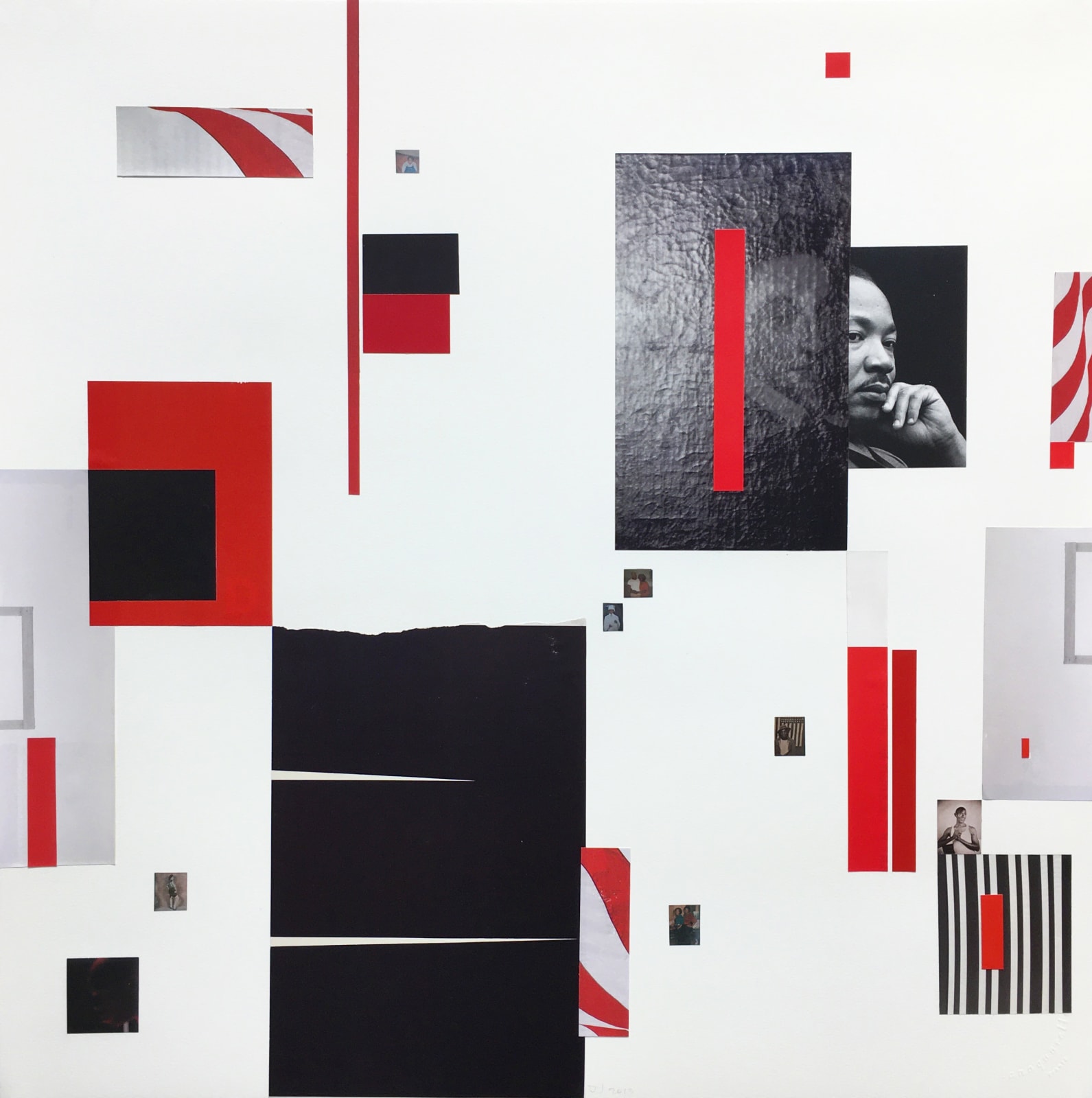 red black and white collage with photo of Martin Luther King Jr.