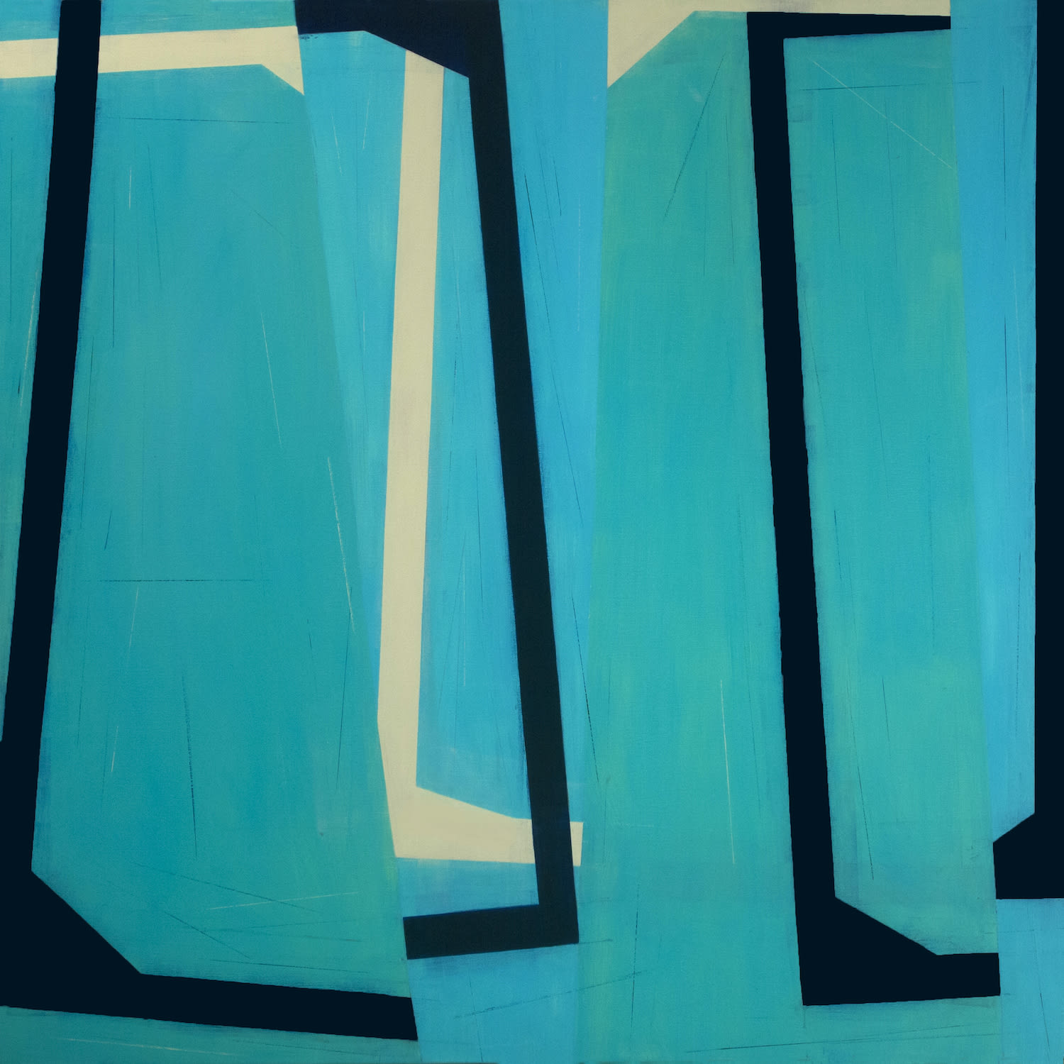 Abstract blue painting with black and beige lines