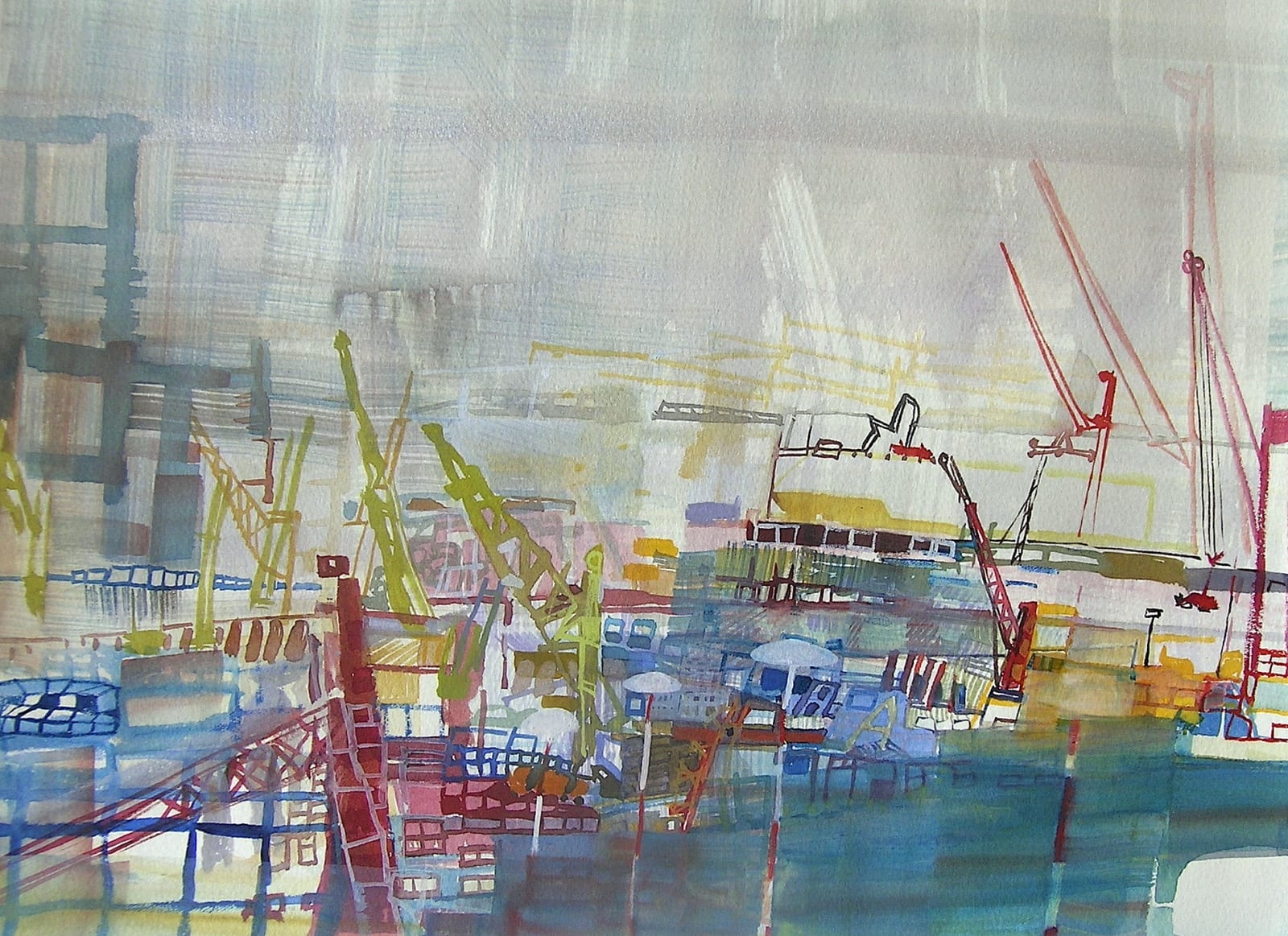semi-abstract painting of industrial landscape, reminiscent of Red Hook, Brooklyn