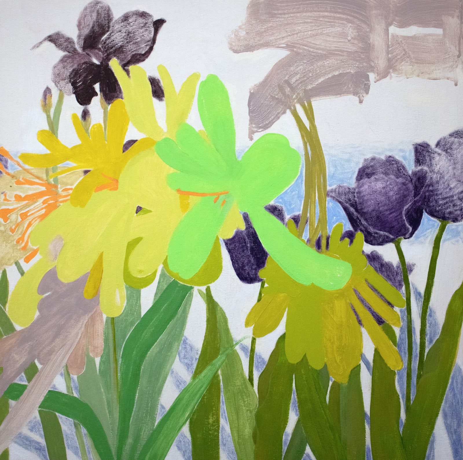 abstract painting of bright green and yellow flowers atop long green leaves on a lavender and light purple background.