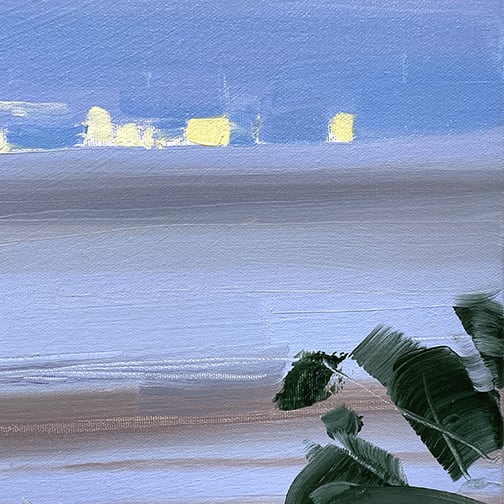 impressionistic painting of beach and ocean landscape in twilight hies of brown and muted blue