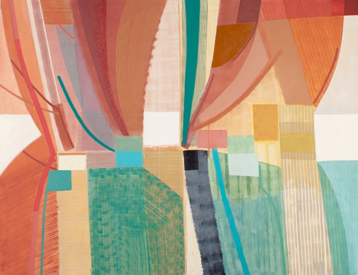 large abstract painting of mostly geometric shapes, with some curved ones. Some shapes are transparent and textured. the colors are shades of cyan and orange.