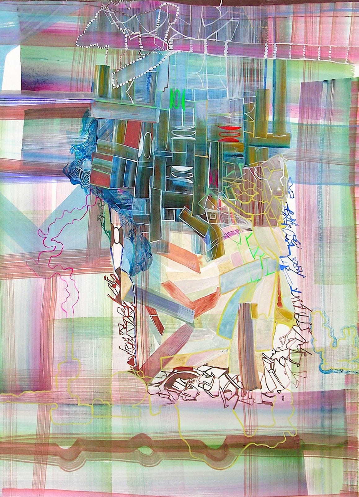 Abstract painting of a recurring grid-like motif of purple and green, which becomes denser in the upper middle, as well as taking on a blue color.