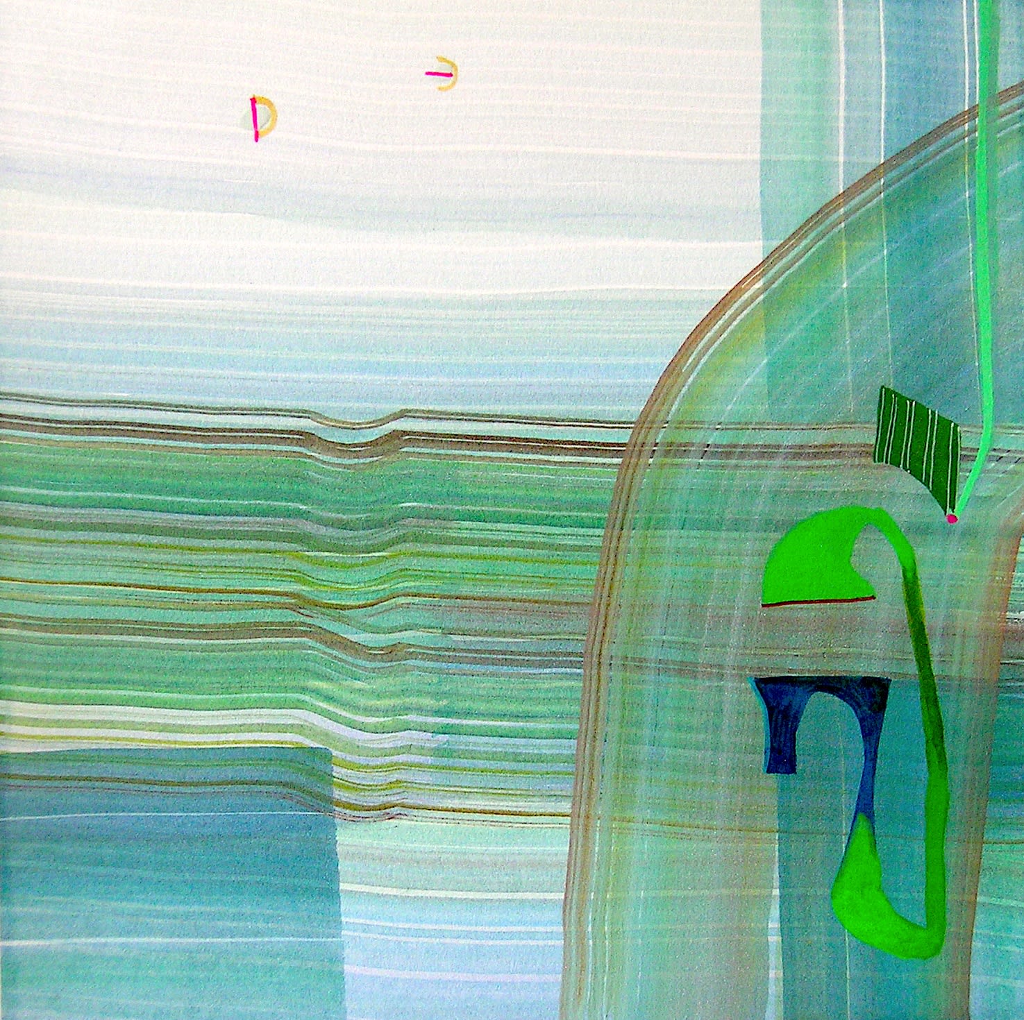 Abstract painting of blue and green brush strokes in a grid pattern, with one large curved brushstroke on the bottom right side.