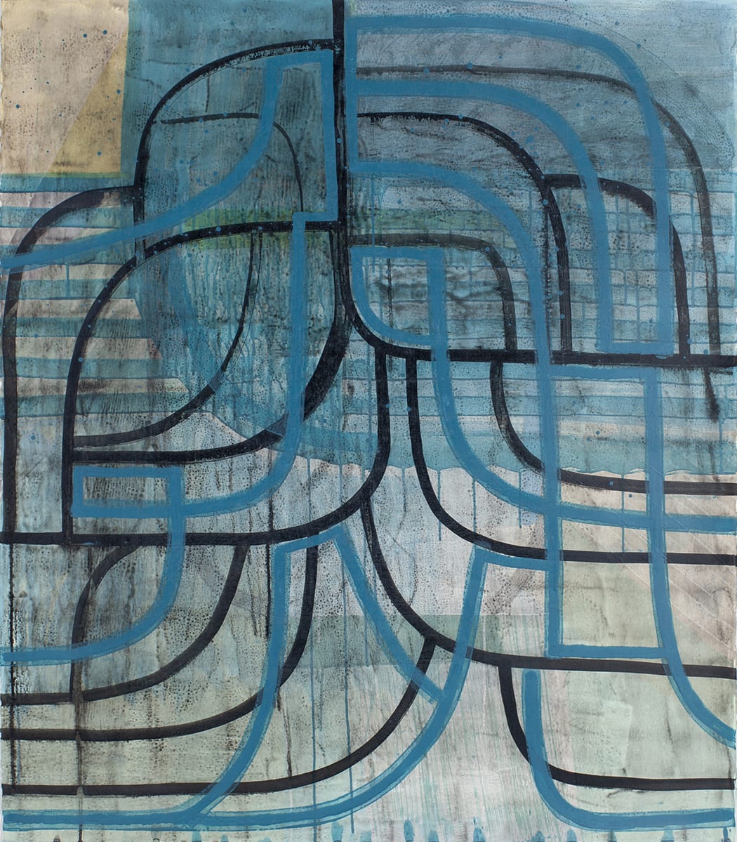 abstract blue and black painting with gestural brushstrokes