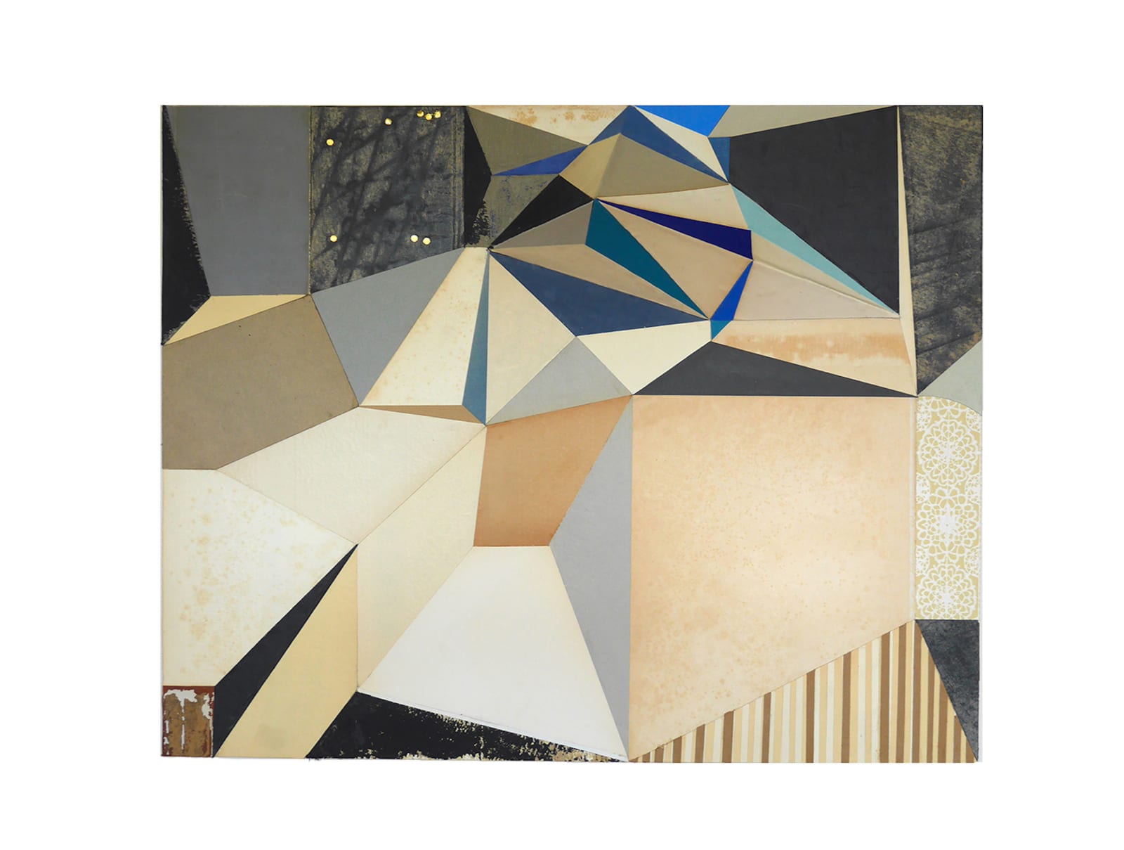 2d rectangular abstract collaged wall sculpture with geometric shapes in tan, gray, and olive