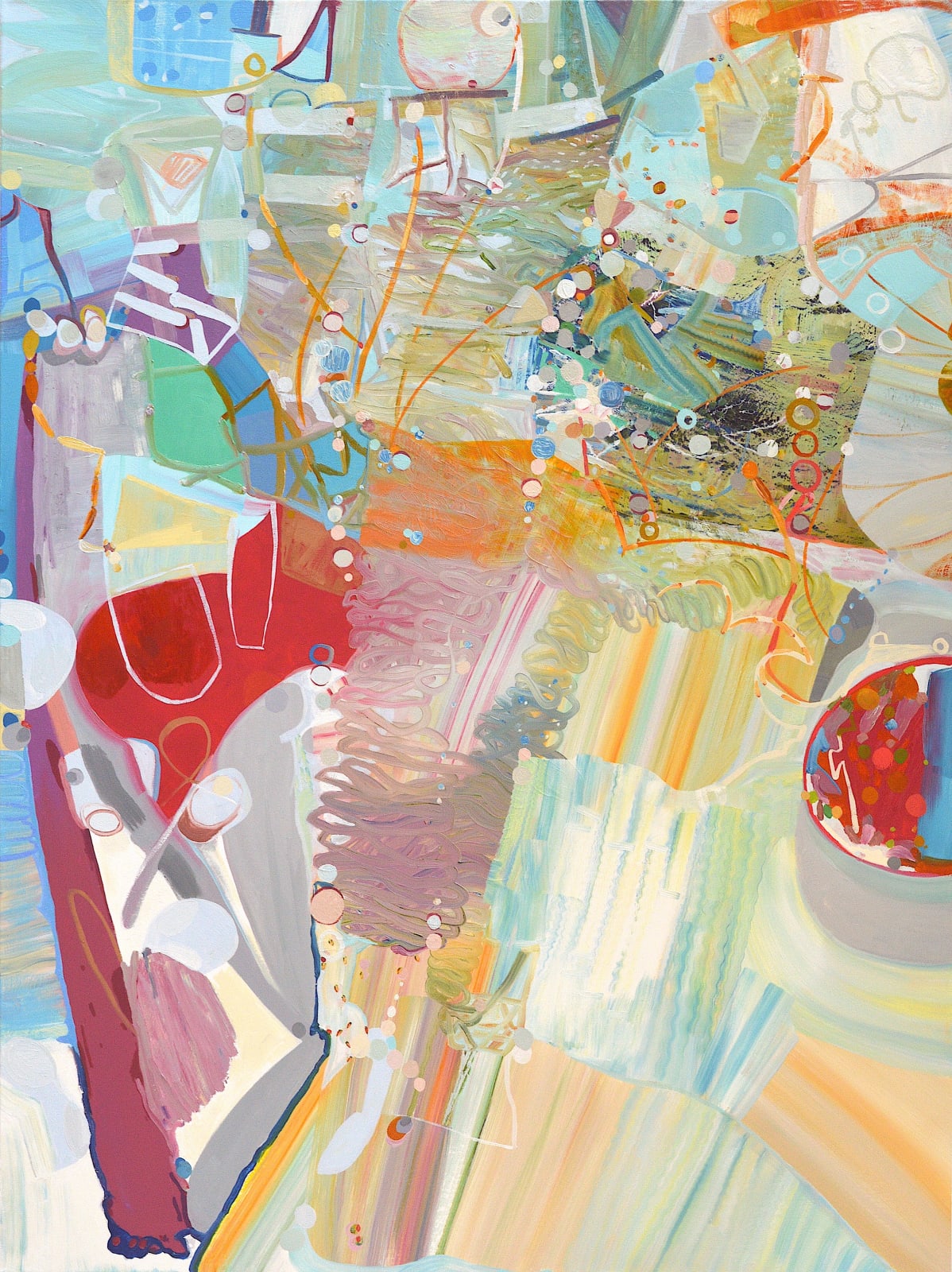 abstract oil painting in mainly pale green blue, and light orange. There is a vertical section in the middle, and the other two sides are angled towards the bottom center. The whole painting is made of many small visible brushstrokes, low in contrast, but not blended together.